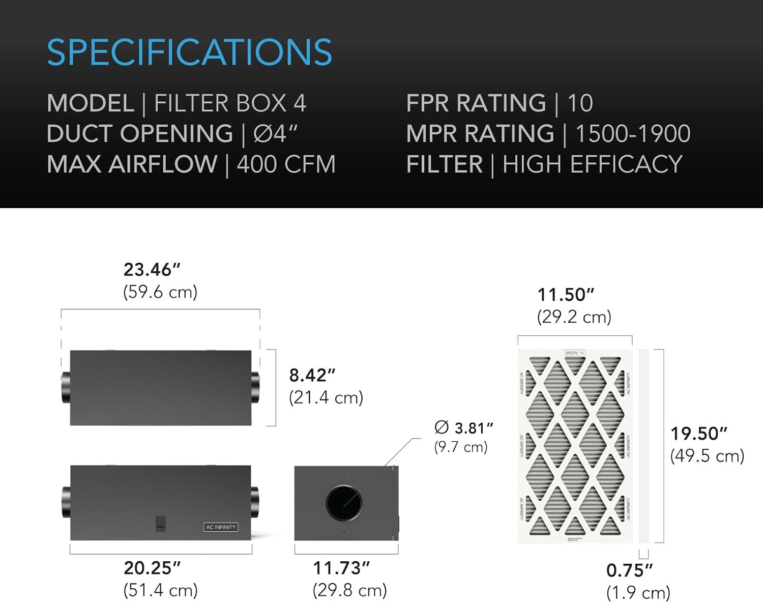AC Infinity Inline Filter Box 4" with High Efficacy Filter, Whole House HVAC Filtration Kit, Fits 4-Inch Inline Duct Fans for Fresh Air Intake and Ventilation