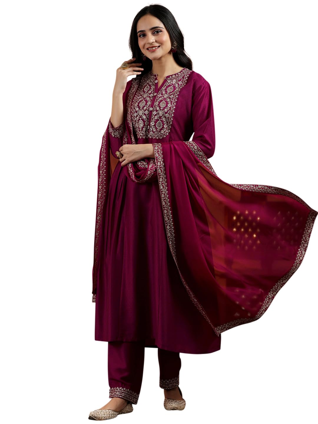 Maroon Yoke Design Silk Blend A Line Kurta Set for Women Suit-image-35