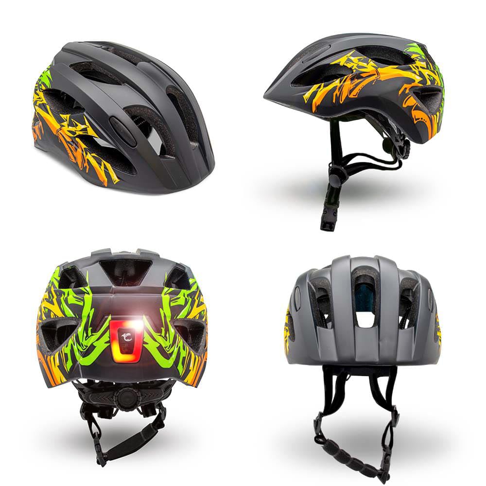 Crazy Safety Czarny kask rowerowy dla dzieci, graffiti, kask rowerowy dla dzieci w wieku 6-12 lat, do rowerów, deskorolek, rowerów górskich, łyżworolek, tylnego światła ładowanego przez USB,