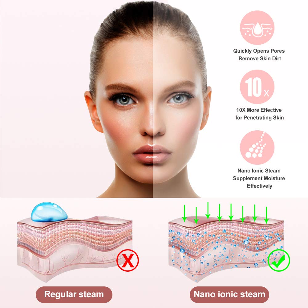 Amconsure Nano ionique Humidificateur facial pour la maison Humidificateur à vapeur pour le visage Pour femme Débouche les pores 5 pièces en acier inoxydable et 2 brosses à récurer en