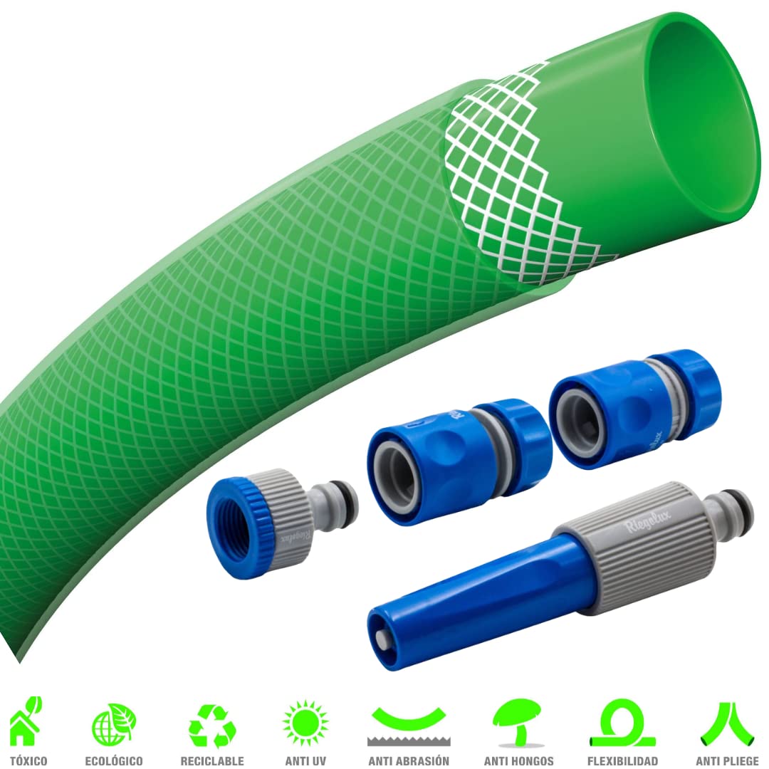 Manguera RIEGOTEX 19 x 25 m | Incluye accesorios: Lanza regulable, adaptador grifo 3/4"- 1/2" y dos manguitos rápidos