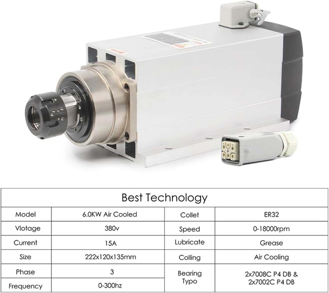 6kw air-cooled spindle motor, 4 ceramic ball bearings ER32, 300Hz, 220v/380v, with mounting flange, accuracy 0.01mm(380v)