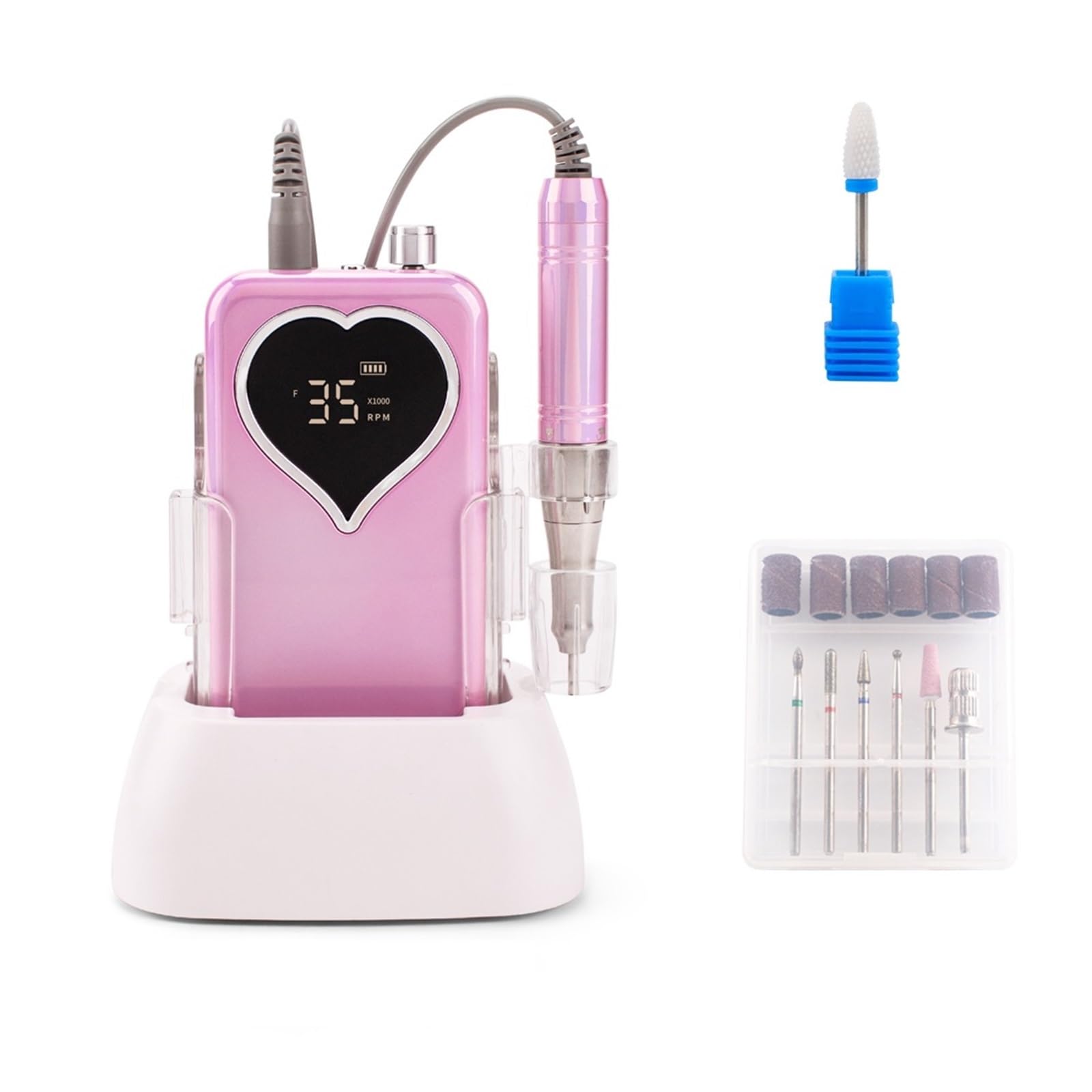 Elektryczna frezarka do paznokci, 35000RPM Bezrdzeniowy silnik Przenośna wiertarka do paznokci Manicure Polerowanie Akumulator Bezprzewodowy Mocny z podstawą(Pink)