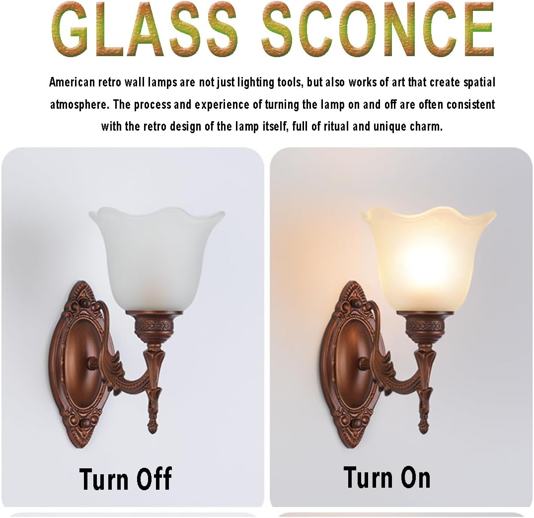 Uosooty Retro Wall Sconce 1-Light White Glass Vanity Lights Flower Shape Bathroom Light Fixtures Antique Bronze Wall Sconces for Bedroom Living Room Hallway, Indoor Lighting