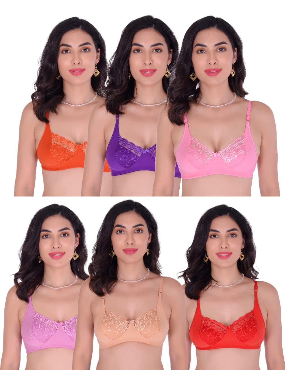 XDIAMONDCotton Blend Full Coverage Non Padded Non-Wired Apple Net Bra for Women's (Pack of 6) (Size:-34, Multicolor 2)