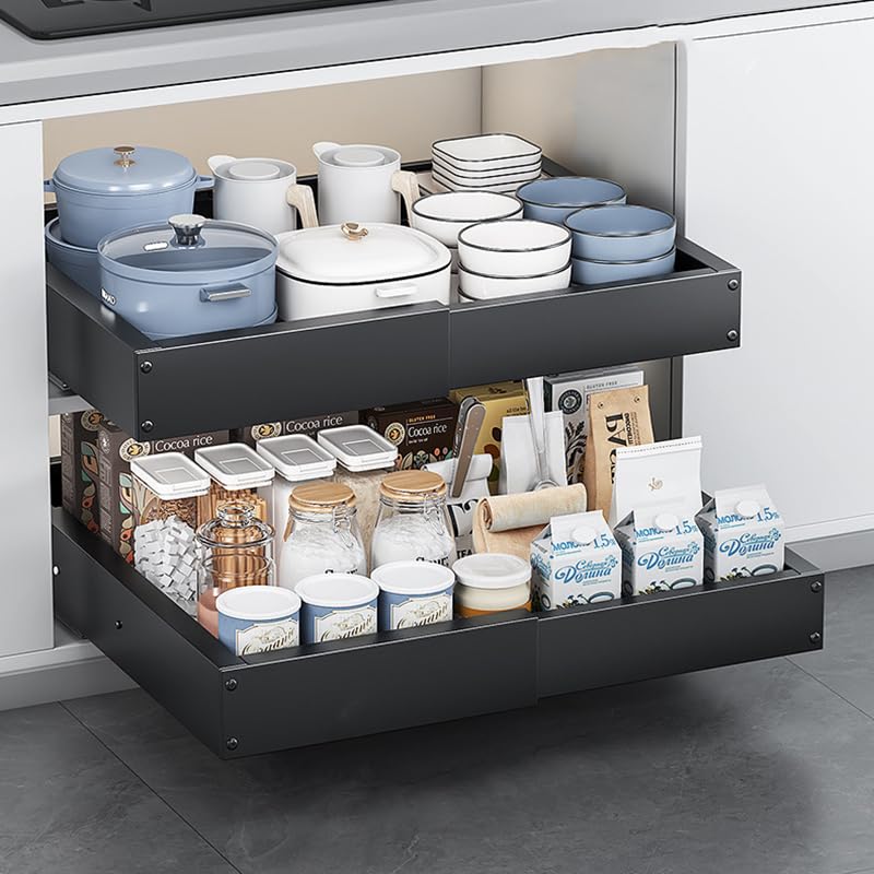 Adjustable Pull-Out Kitchen Drawer Organizer, White, Metal Sliding Shelf for Modular Cabinets, Expandable Storage Rack, 29-48cm Length, 41.5-55cm Width (Black)-image-9