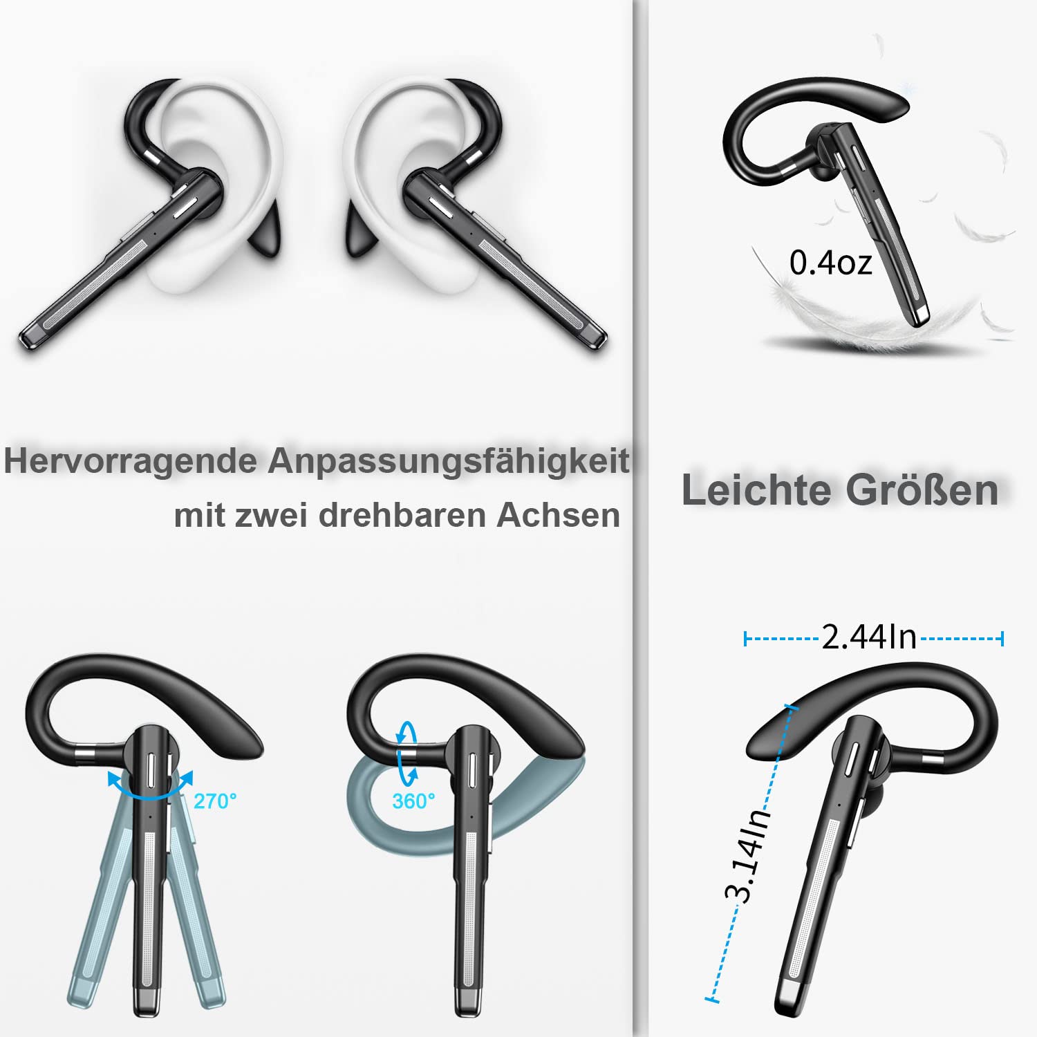 Bluetooth Headset mit Mikrofon, V5.4 In Ear Freisprech Handy Kabellos Kopfhörer mit LED Ladebox für Autofahren/Business/Büro, IPX7 Wasserdicht, Kompatibel mit iPhone Android Smartphones und Tablets