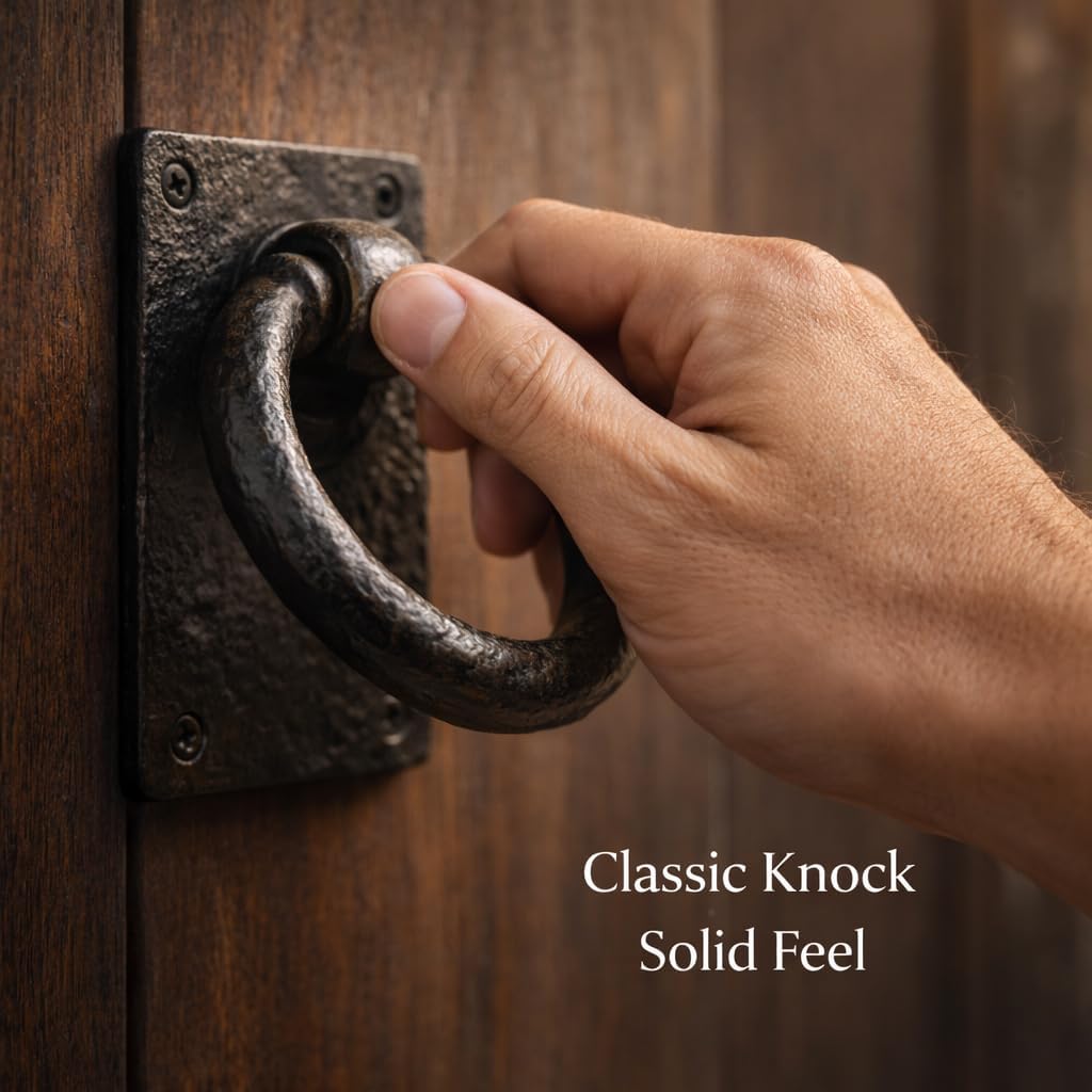 Heavy Duty Cast Iron Door Knocker – 5 x 3 Inch Antique Black Rustic Front Door Knocker, Vintage Farmhouse Decorative Ring Knocker for Wooden Doors, Gates & Entryways