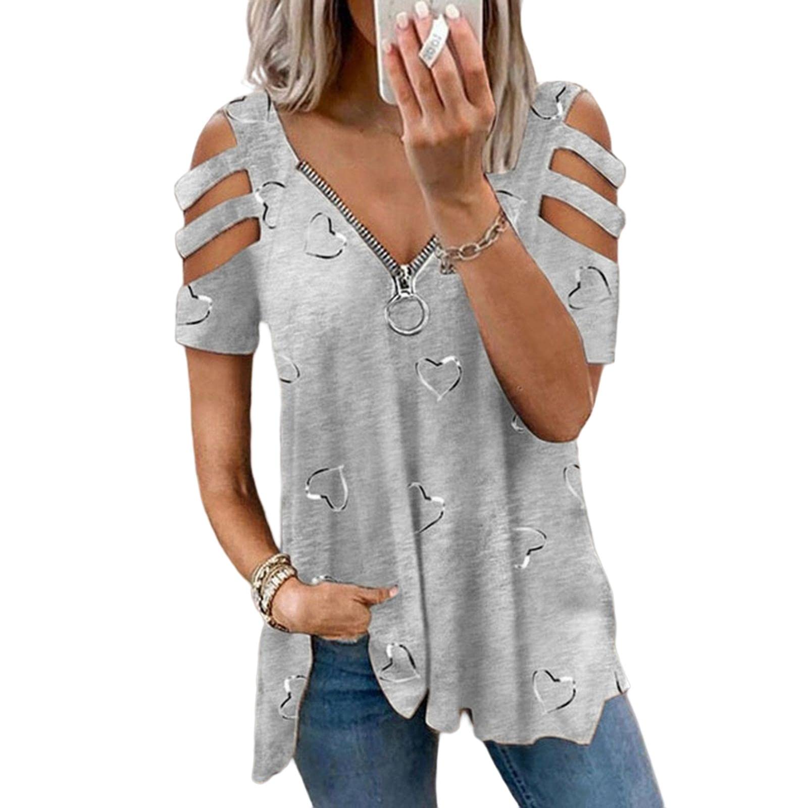 MOGSA T-shirt Estate Donna Oversize T-Shirt Cuore Stampa Spalla Aperta Manica Corta Top Femminile Plus Size Abbigliamento Donna