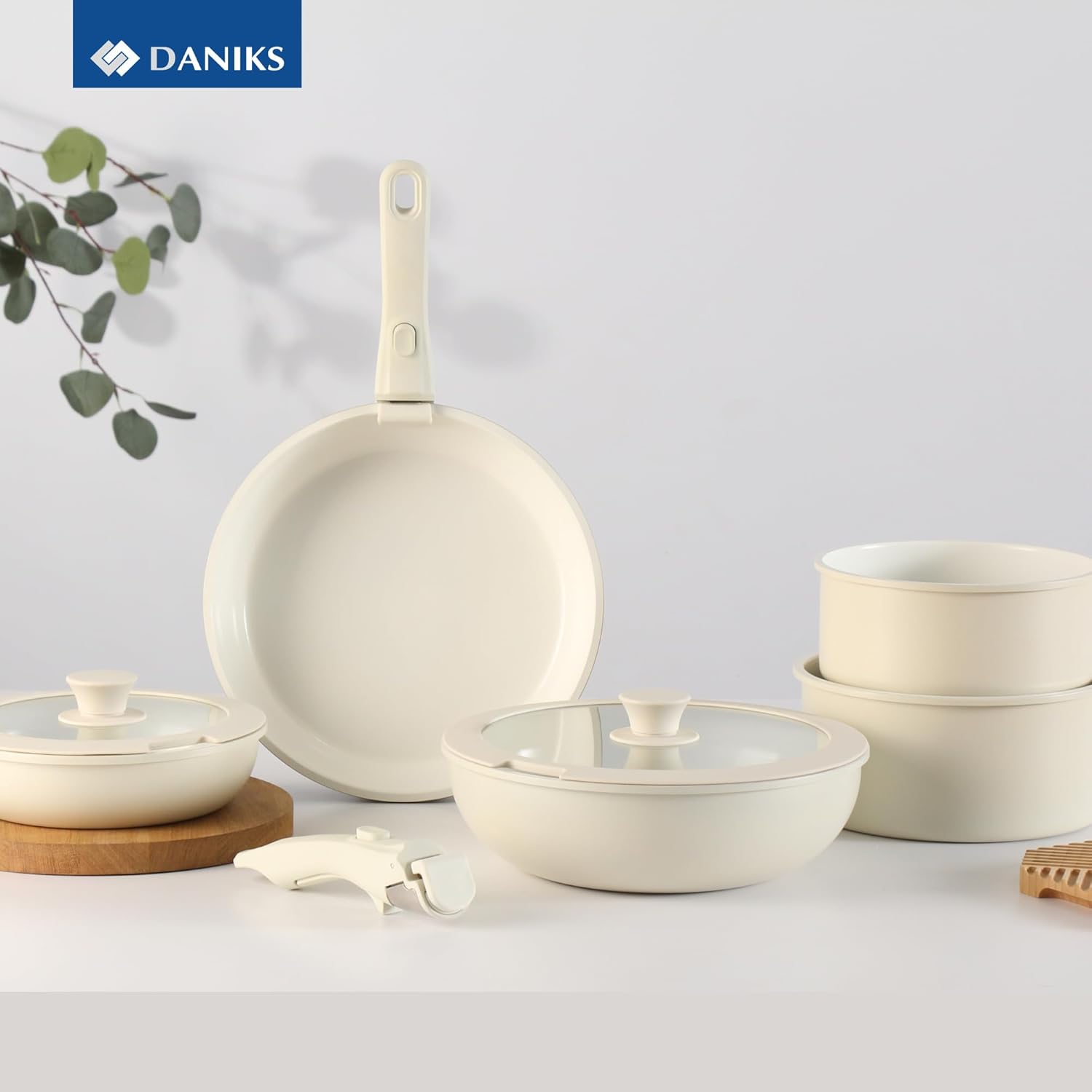 Daniks 9-Piece Nonstick Ceramic Pots & Pans for Induction. Healthy, Non-Toxic, Removable Silicone Handles, Oven & Dishwasher Safe, Beige