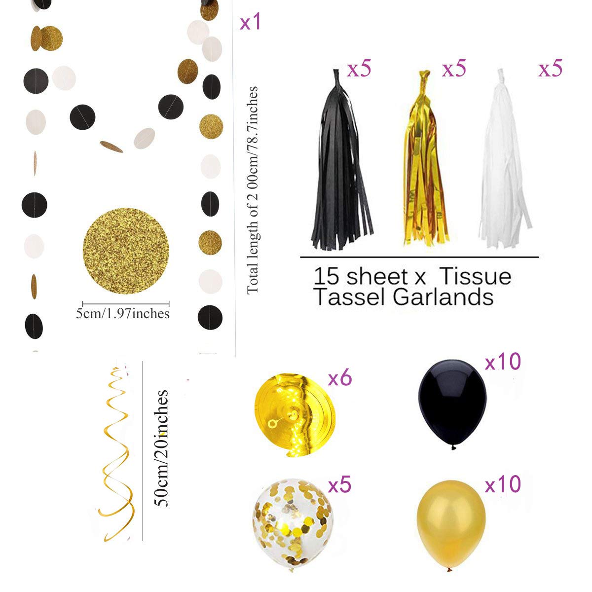 Happy F*cking Birthday Girlande – Schwarz & Gold, Mit Pom Poms & Spiralen, Ca. 3-5 Fuß