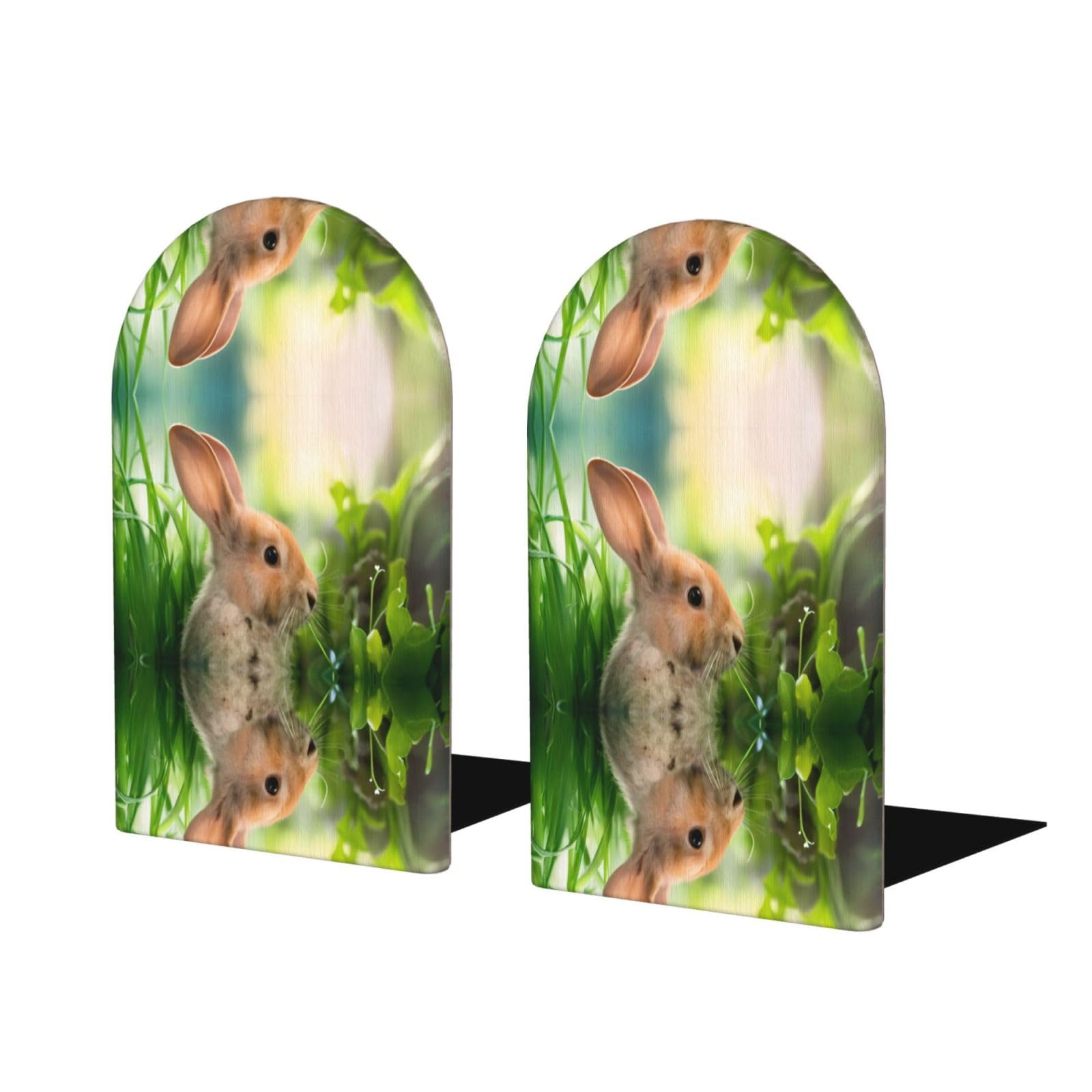 Cute Bunny Stylish Bookends with Full-Print Design Durable Wooden and Metal Bookend Set for Home, Office
