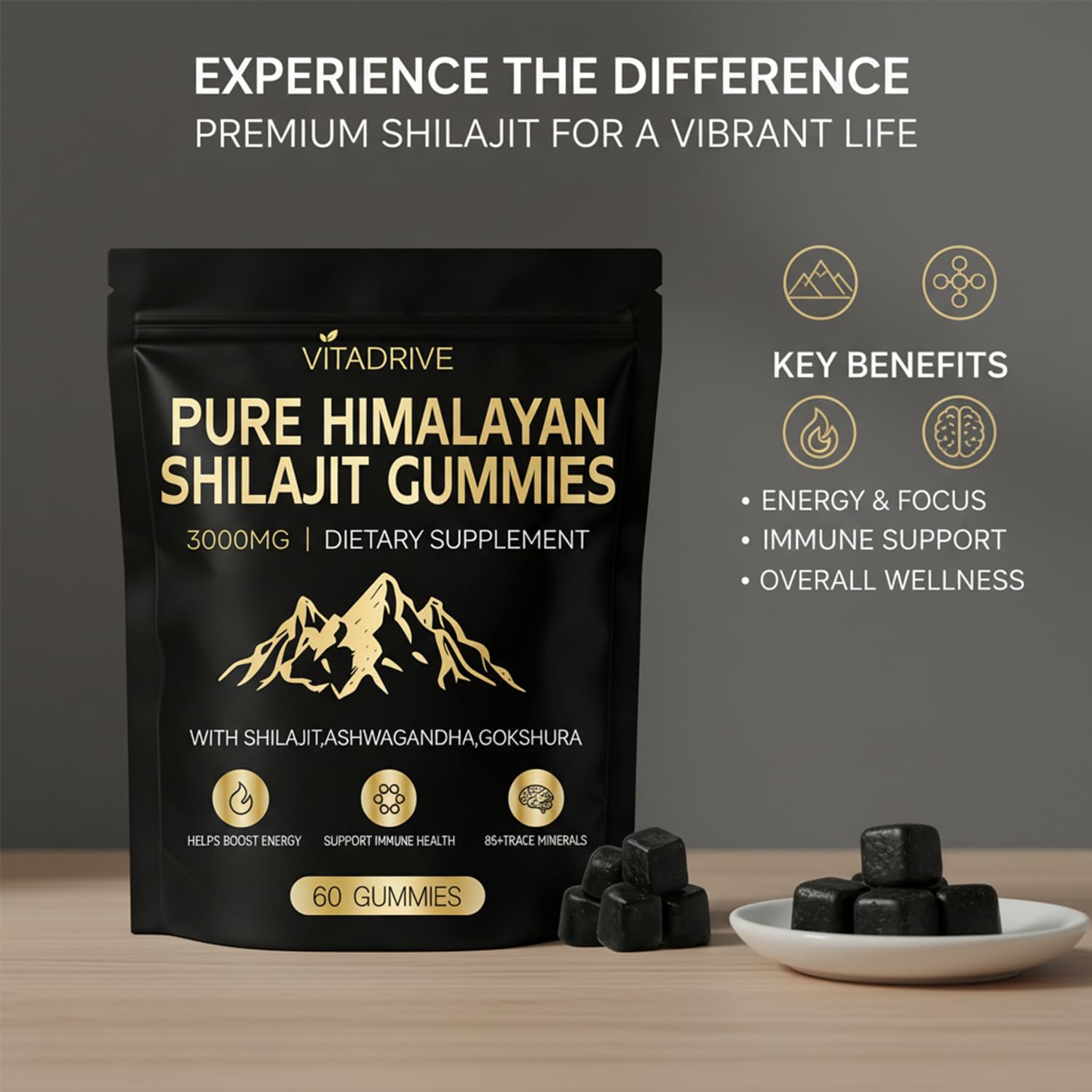Vitadrive Himalayan Shilajit Gummies, Rich in Trace Minerals and Fulvic Acid for Energy Boost, All-Natural Sugar-Free Vegan for Men & Women, 60 Count