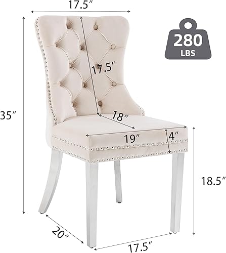 Miniatura 24 de Juego de 2 sillas de comedor, sillas de terciopelo copetudas con patas de acero inoxidable doradas, anillo de metal con ribete de remache, respaldo