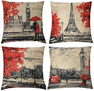 Freeas Throw Pillow Covers 18 x 18 Inches Black & Red Color Eiffel Tower & Big Ben Pillow Case Decorative Cushion Cover for Soft, Home, Bedroom, Indoor or Out Door Pillowcase(Set of 4)