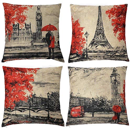 Freeas Taie d'oreiller en lin de coton pour la décoration d'un canapé et d'une chambre à coucher 45 x 45 cm Tour Eiffel