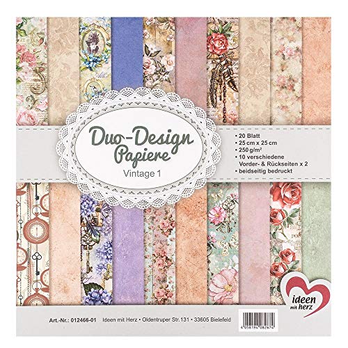 Ideen mit Herz Papiers décoratifs Duo-Design | Bloc de 20 Feuilles de Papier Craft | 25 x 25 cm | 250g/m² | imprimées Recto-Verso | Papier Dessin à Motifs | idéal pour Le Scrapbooking (Vintage 01)