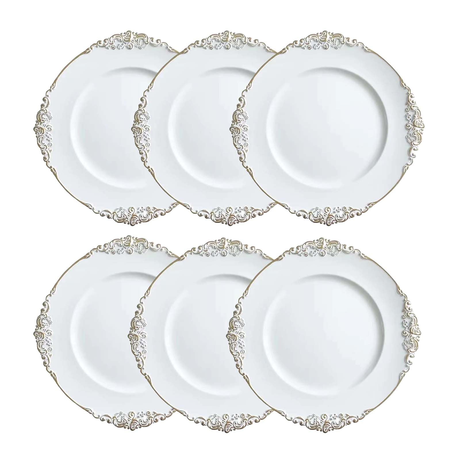 White Charger Plates Set of 6,White Chargers for Dinner Plates,Plastic Charger Plates White and Gold Rim Charger Plates,Vintage Plate Chargers for Table Settings,Sturdy and Beautiful