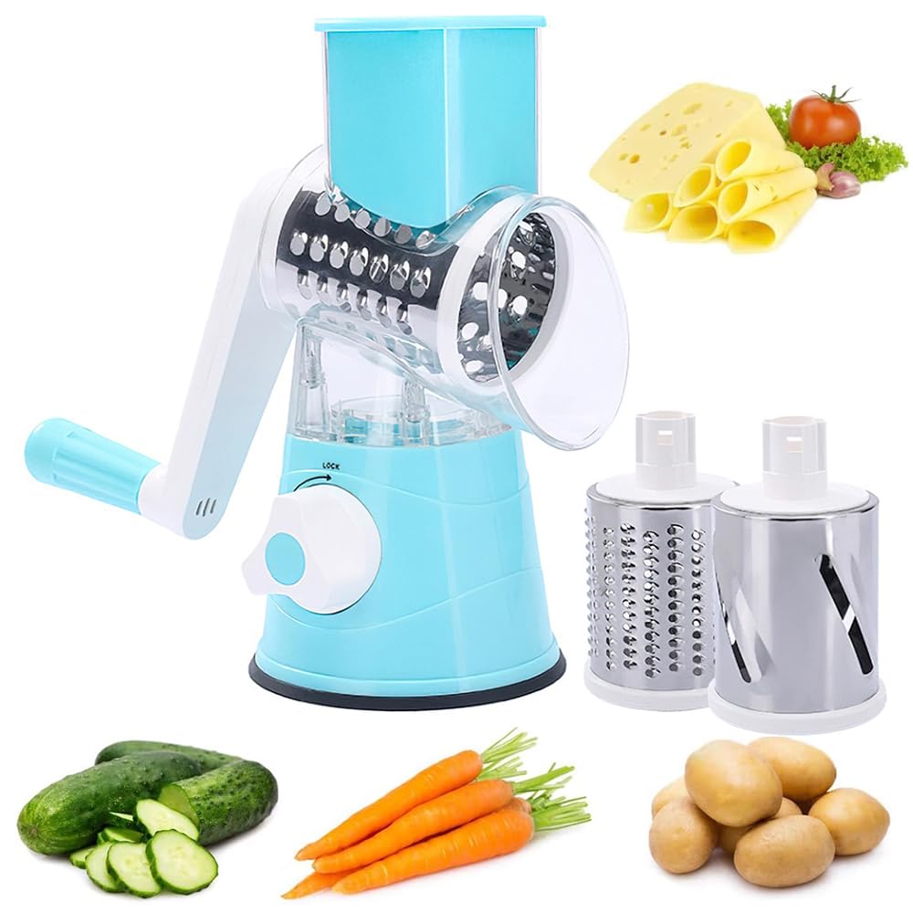Rotary Cheese Grater, Handheld Rotary Slicer Vegetable Grater with 3 Replaceable Stainless Steel Blades for Vegetables Carrots Nuts Kitchen (Blue)
