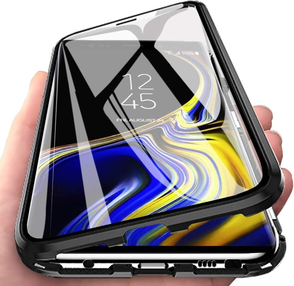 Eabuy Galaxy Note 9 Case, 360° Full Body Transparent Tempered Glass with Magnetic Adsorption Metal Bumper Case Cover for Samsung Galaxy Note 9 Black