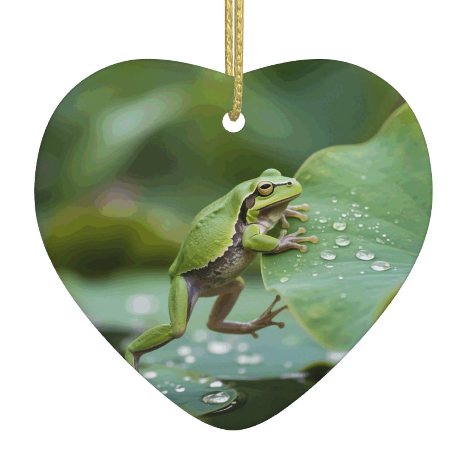 Funny Green Frogs Christmas Ornament 2025 Heart Ceramic Hanging Ornaments for Home Decor Christmas Decorations with Gold Rope Double-Sided Xmas Tree Ceramic Hanging for Holiday Party