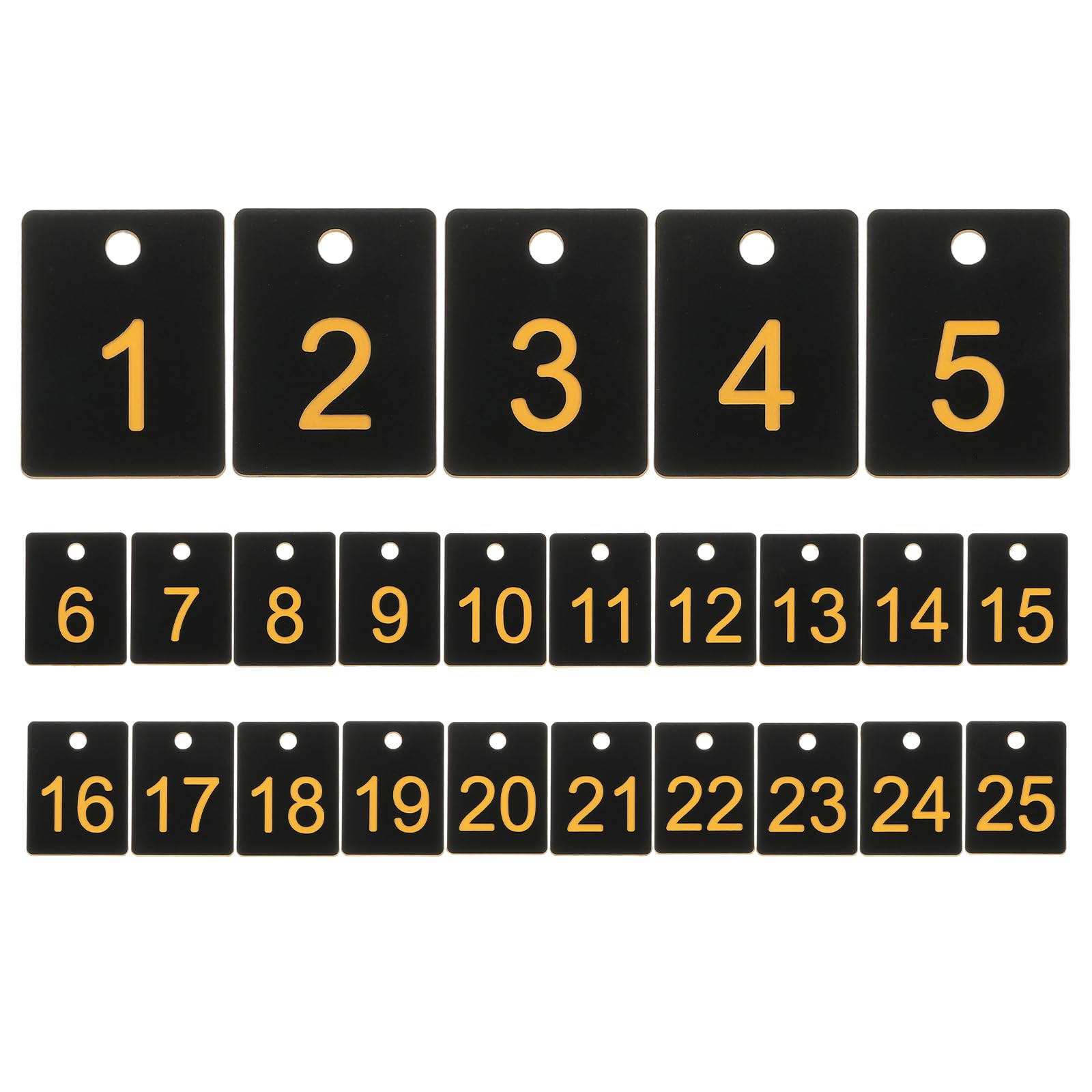 PATIKIL 25PCS Rectangle Number Tags 1-25, 3x4CM Table Number Key Tags Plastic Numbered with Hole for Organizer Drawing Prizes Field Sales Clothes Labels, Black Yellow