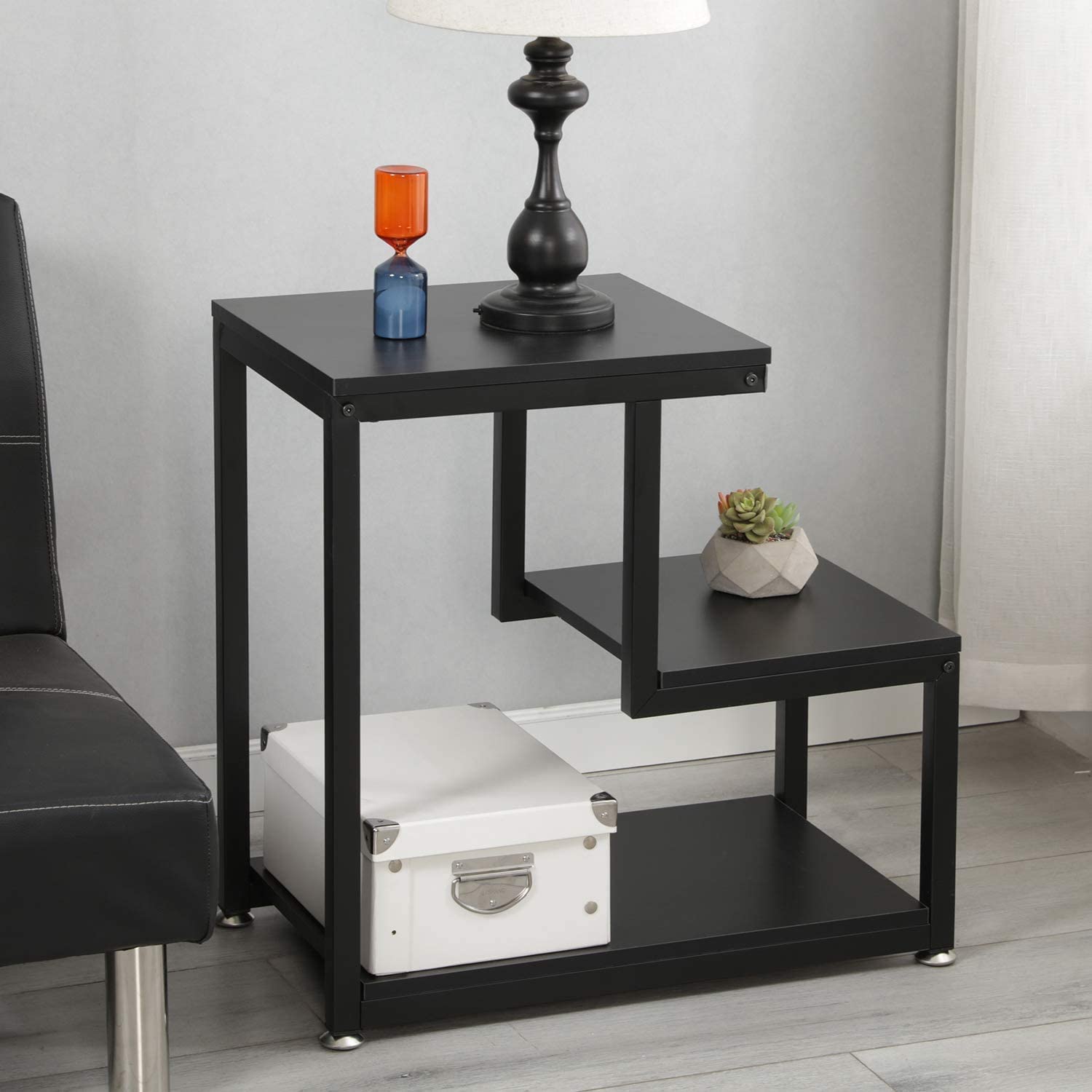 Dime Arts Shoppee 3-Tier Sofa Side Table, Nightstand with Storage Shelf, Sturdy Metal Frame, Ladder-Shaped Chair Side Table, Tabletop Storage Shelf for Living Room & Bedroom (Black) (B0BKQ7SY4M) Amazon Price History, Amazon Price Tracker