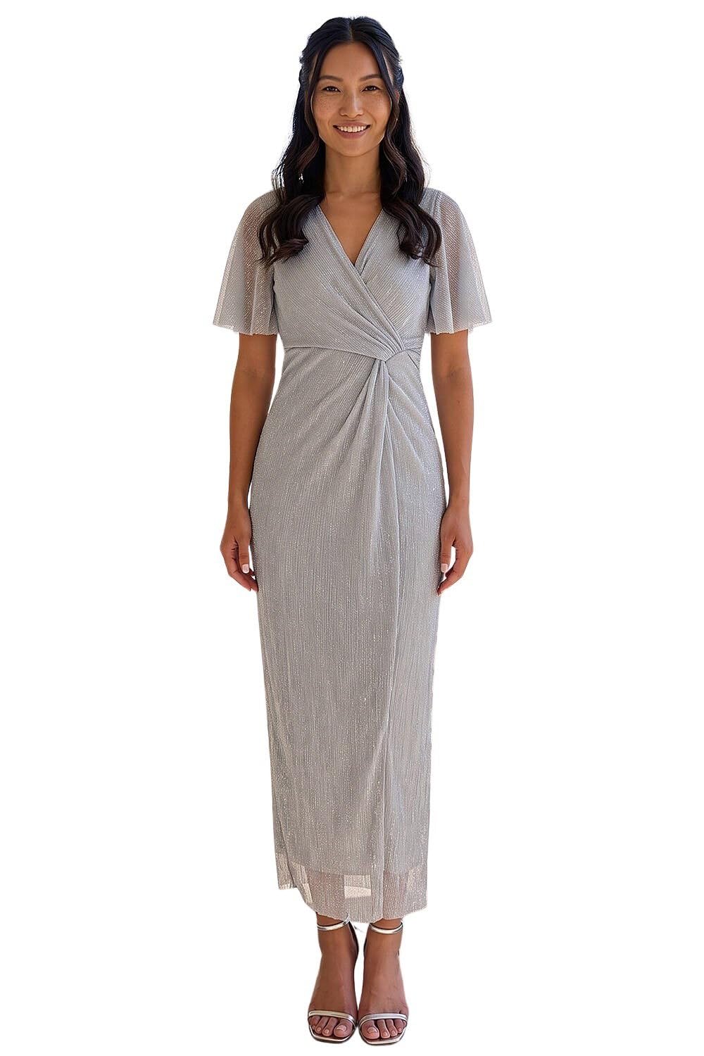 Roman Originals Metallic Plisse Bodycon Maxi Dress for Women UK - Ladies Everyday Holiday Spring Summer V-Neckline Comfy Soft Evening Vacation Work Party - Silver - Size 16