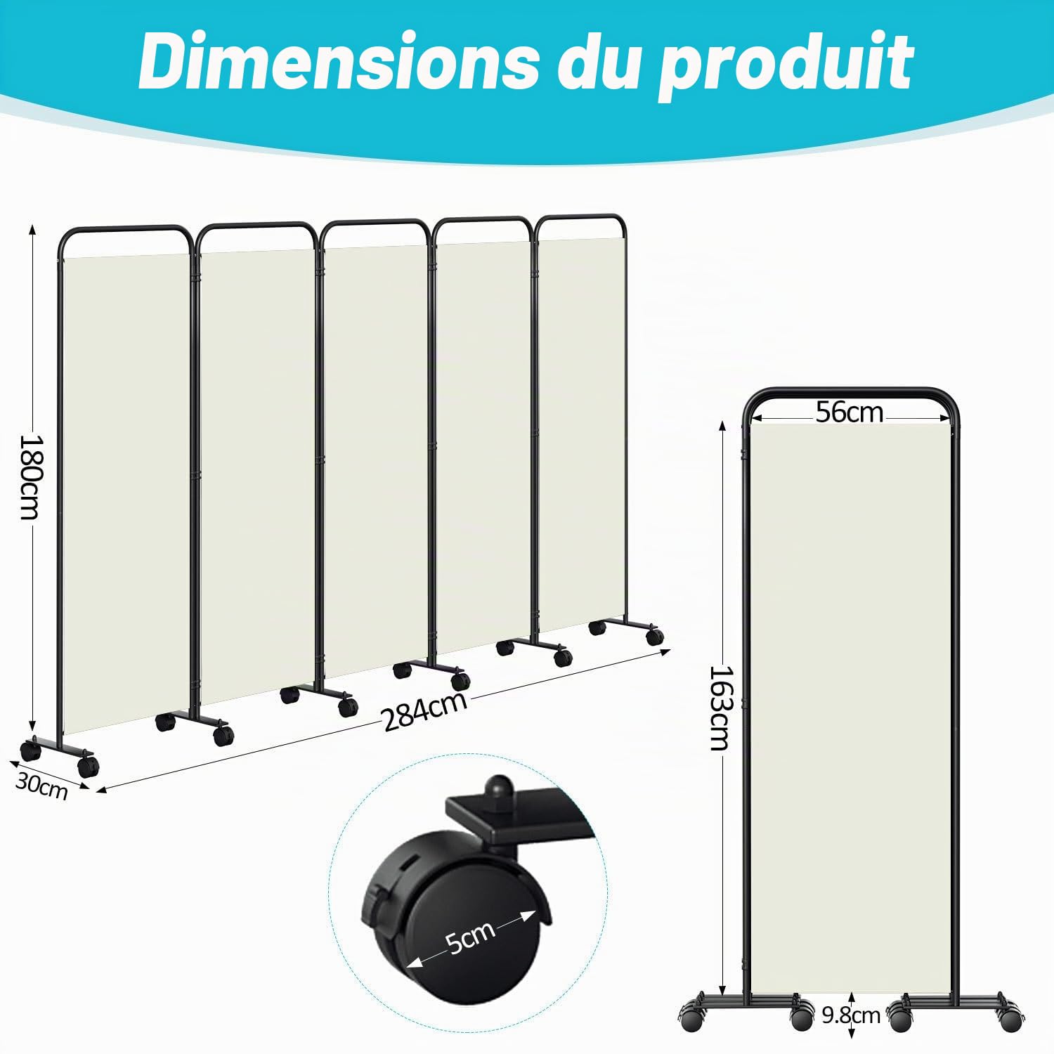 Paravent de séparation de pièce pliable sur roulettes - 5 pièces - 284 x 180 cm - Séparateur de pièce autonome pour bureau et chambre à coucher - Beige
