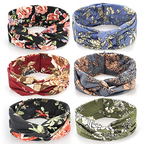 NODG 6 Pieces Headbands for Women Knot Headbands Boho Cotton Wide Headbands Turban Headbands for Women Bohemia Floal Twist Head Wrap Hair Band Vintage Fashion Hair Accessories for Women Girls