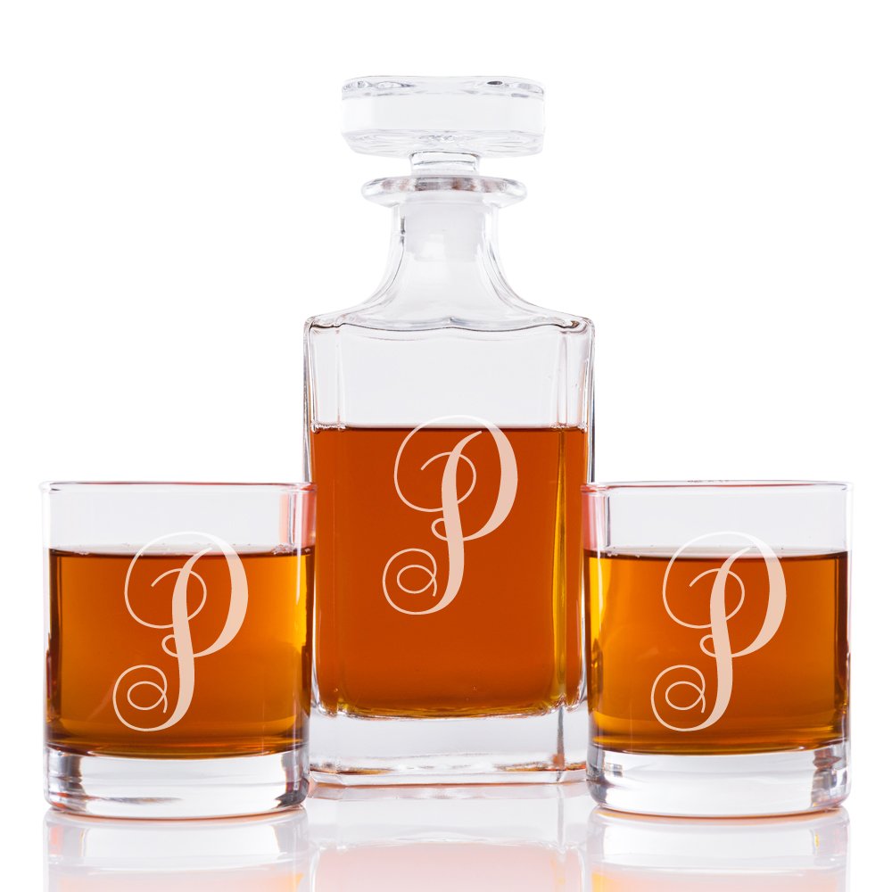 Abby Smith Lavish Style Initial Whiskey Decanter and Rocks Glass Set, Letter P