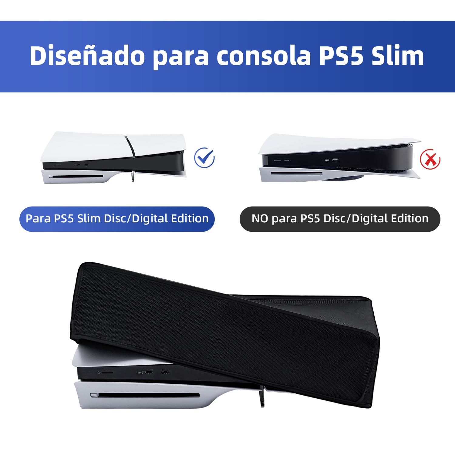 Housse de Protection Anti-Rayures/étanche Uniquement pour PS5 Slim Digital Edition et Disc Consoles-Pas POUR PS5/Pro -Horizontal - Noir