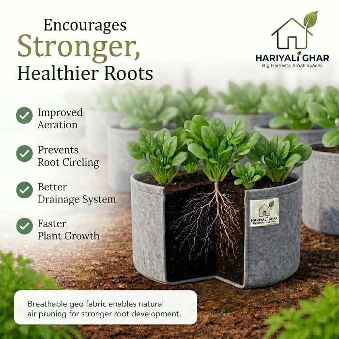 Image of 400 GSM Geo Fabric Round Grow Bags 18x6 Inch, Grey Planting Bags for Terrace and Kitchen Gardening Pack of 1