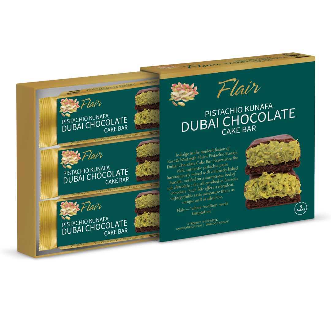 Flair Viral Dubai Pistachio Chocolate Bar 3 Pack - Dubai Chocolate Bars Pistachio Kunafa, Delicious Snack, Original Taste, Baked Kunafa, 3 Bars (165g)