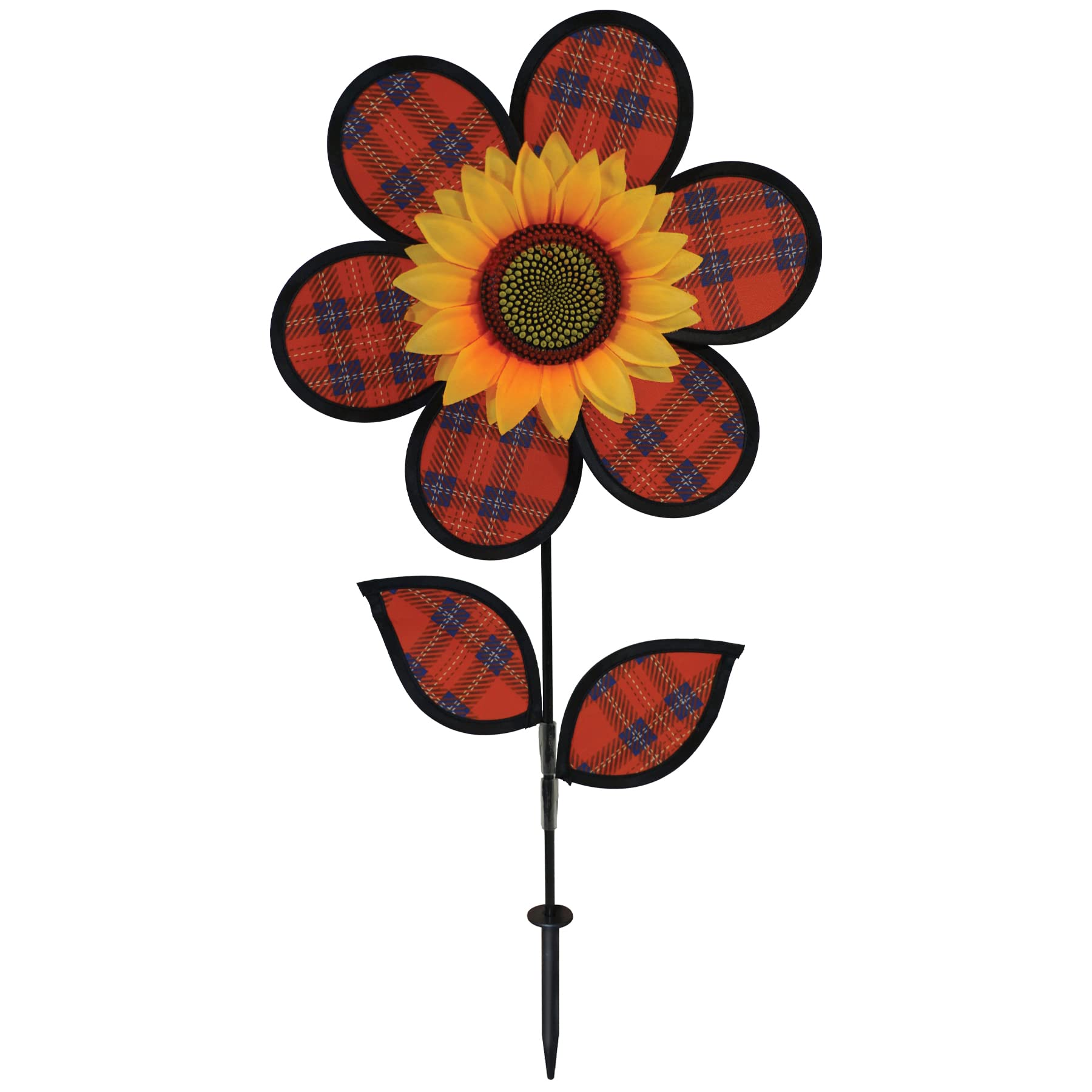 In the Breeze 2646 — 12-inch Red Plaid Sunflower Wind Spinner with Leaves — Colorful Flower for Yard and Garden