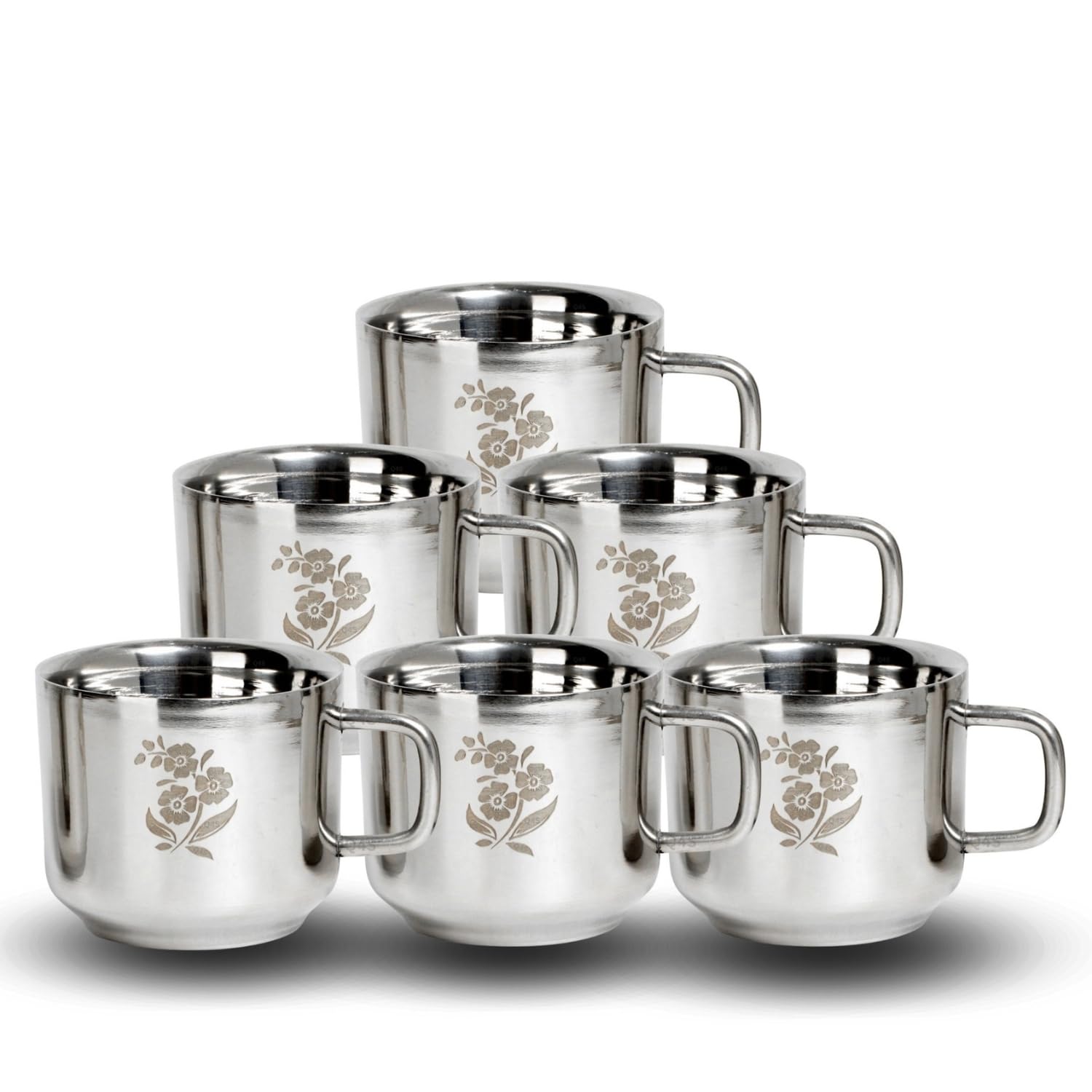 Q4S Stainless Steel Double Wall Tea Cups – Pack of 6, 100ml Each, Gloss Finish, Silver Color, Flower Print, Heat-Resistant, 6 cm Height x 7 cm Diameter – Ideal for Hot Beverages