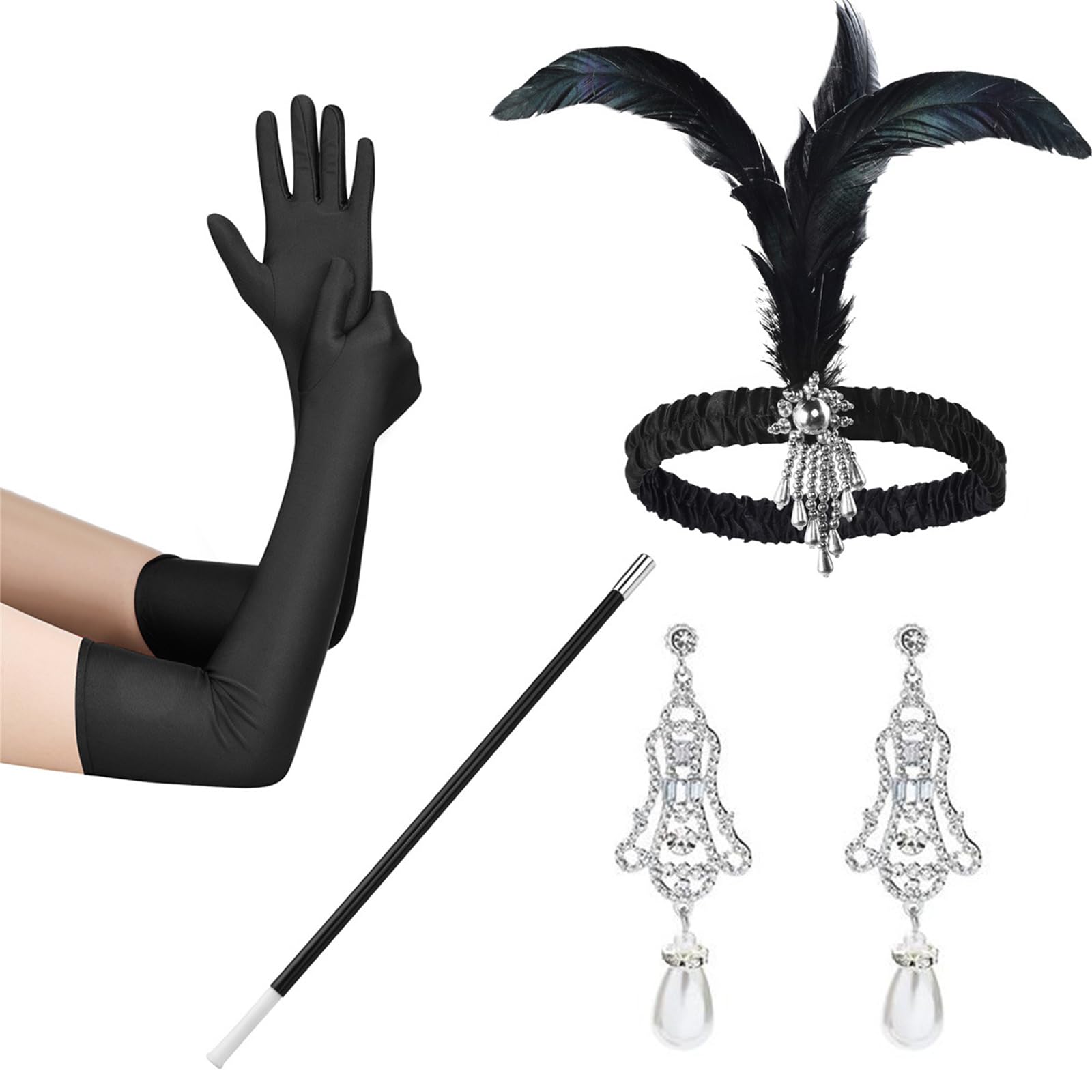Fentency Vintage Women Costume Accessories Set Headband Satins Gloves Earrings for Cocktail Party