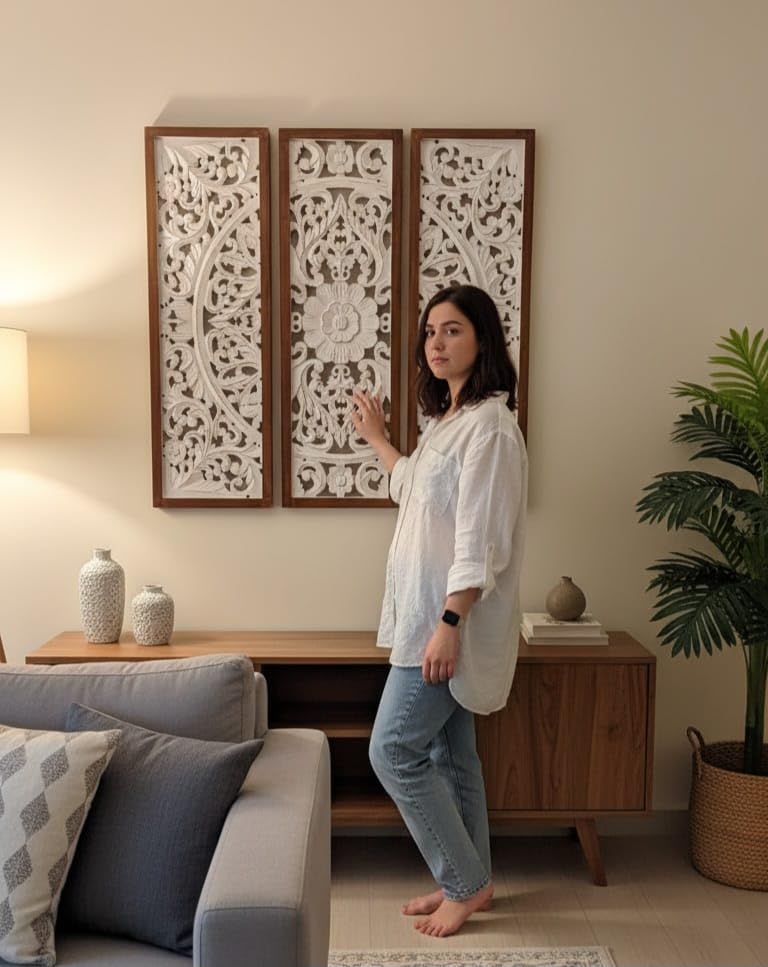 Decor Delights Handcrafted Wooden Wall Panel Set of 3 – Intricate Floral Mandala Design Wall Sculpture for Living Room, Bedroom & Office Decor Pure White & Brown Fimish-image-8