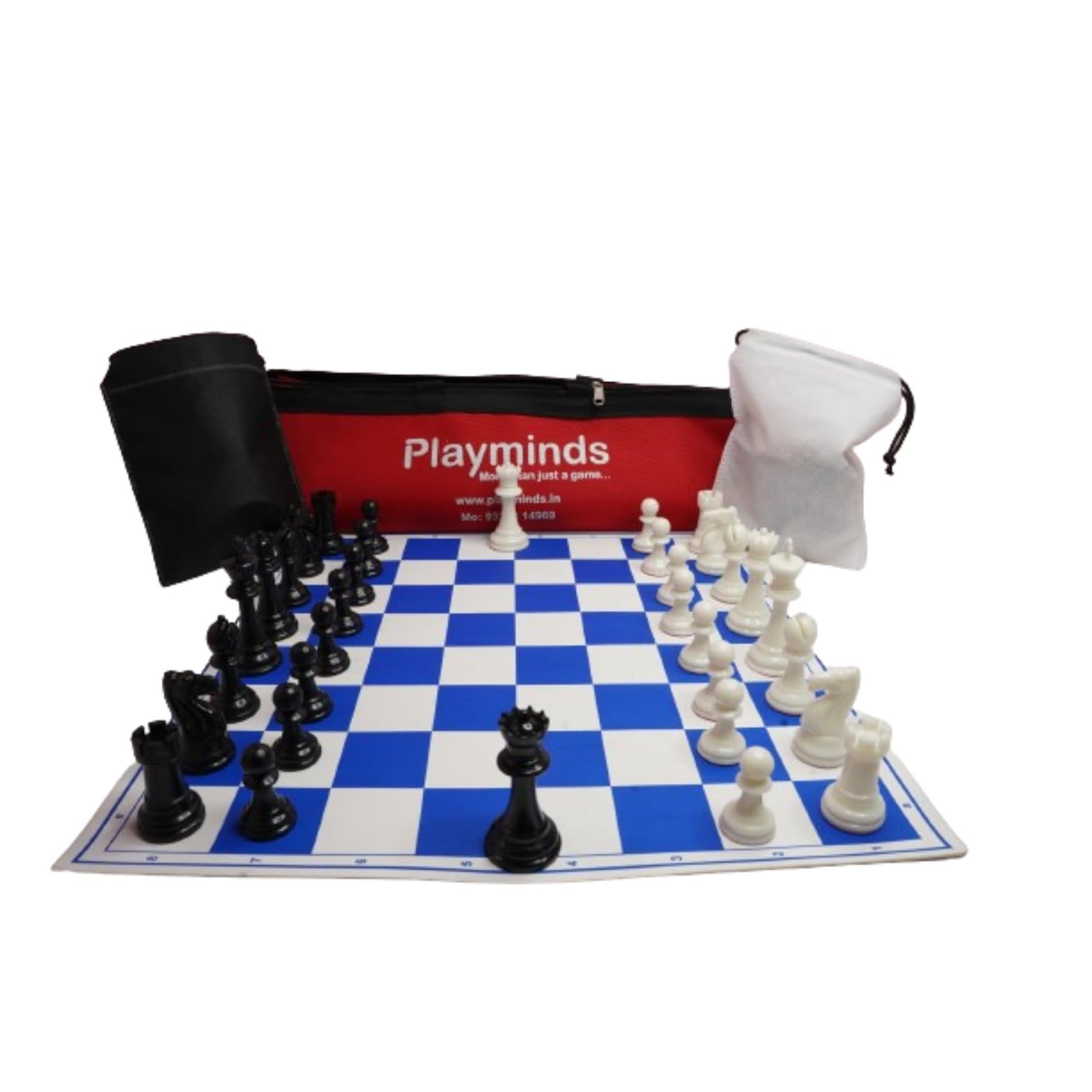 Playminds17 x 17 Tournament Chess Vinyl Foldable Chess Game with Solid Plastic Pieces (with Two Extra Queens + Pouch for Mat + Bag) - for Professional Chess Players - Blue and White (B0D5MMYP9R) Amazon Price History, Amazon Price Tracker