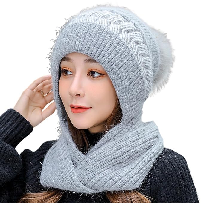 Richmen Winter Hooded Scarf Hat for Women Soft Knitted Beanie Hats Skull Pompom Cap for Ladies Winter 2 in 1 Scarfs Set for Girls Grey Free Size 3