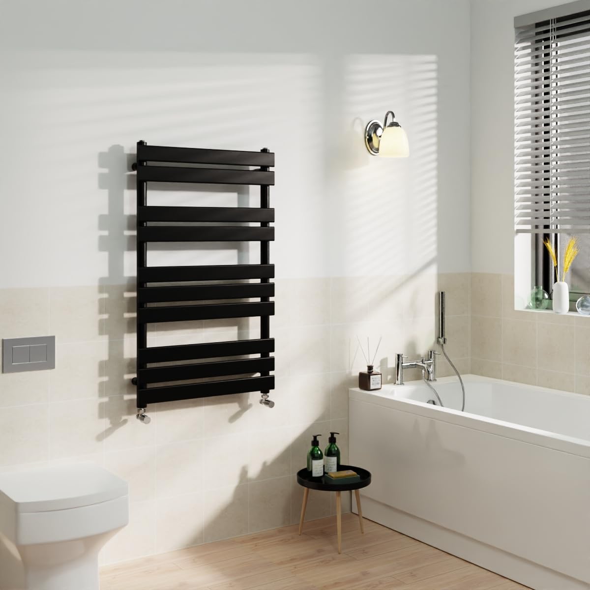 Warmehaus Black Flat Panel Heated Towel Rail Radiator Ladder Rad Central Heating Towel Warmer For Bathroom Kitchen 1000X600mm