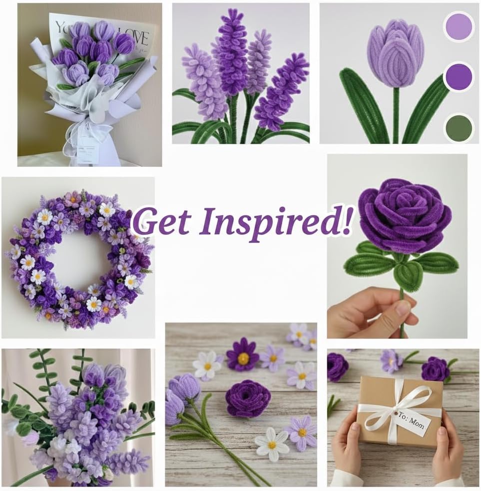 480 Pieces of Pipe Cleaner for Flower Making and Multi-Color Scheffler Stems - a Complete Set of Arts and Crafts Supplies for DIY Flowers, Home Decoration, and Art Projects (Purple) image 4