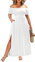 Plus Size Summer Dresses - Boho Casual Off Shoulder Floral Long Maxi Dress with Pockets