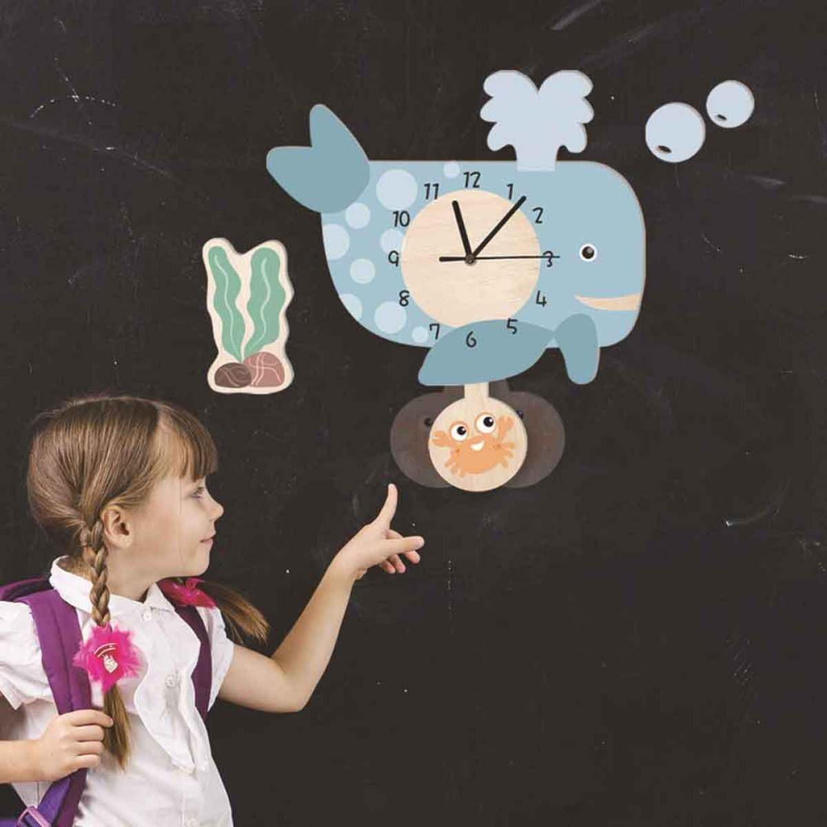 Reloj de Pared Infantil Decorativo Ballena Silencioso Ecológico Péndulo Adecuado para Sala de Estar Dormitorio y Jardín de Infantes Material Respetuoso Medio Ambiente