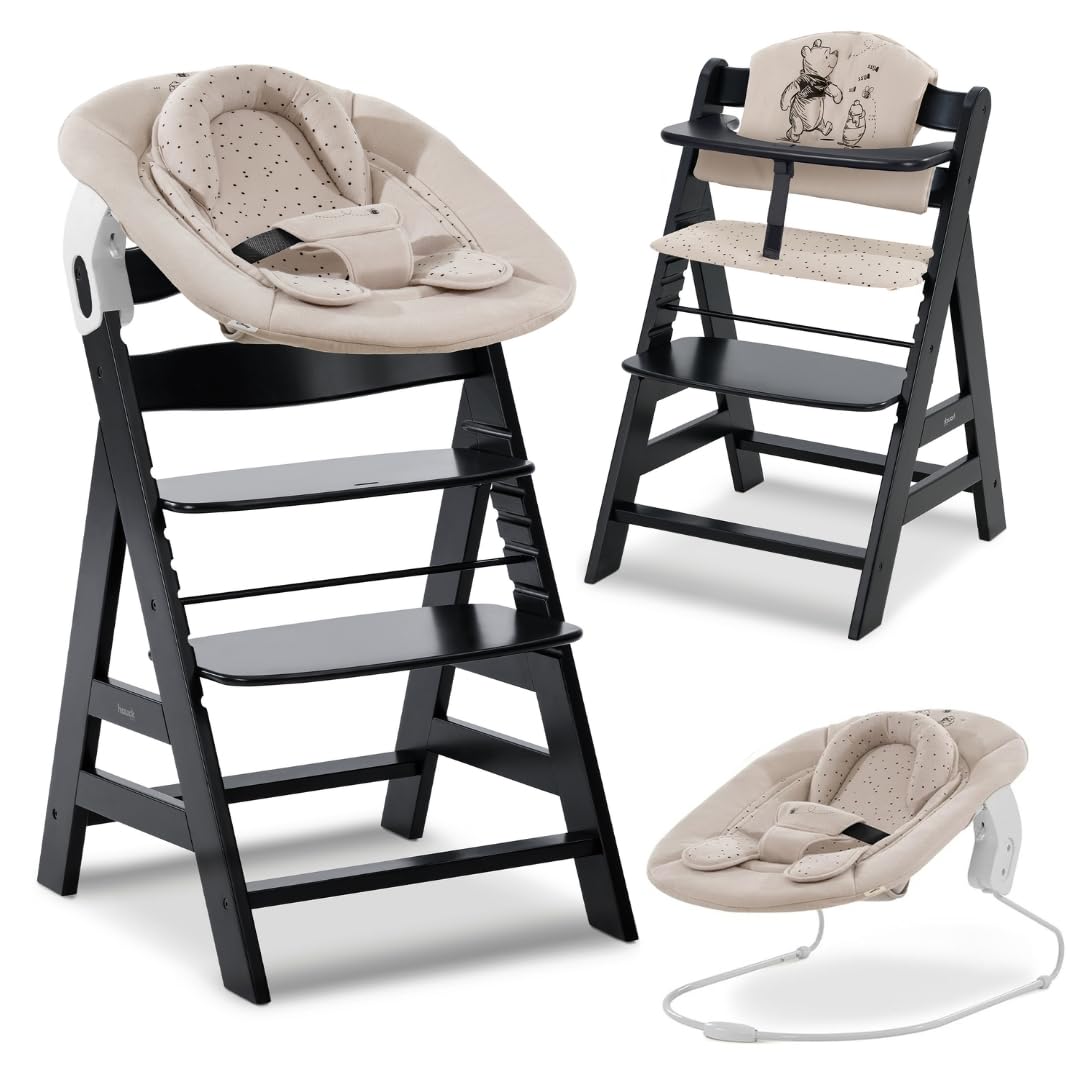 hauck Hochstuhl Alpha+ Newborn Set mit 2in1 Bouncer - Mitwachsender Holz Babyhochstuhl ab Geburt, inkl. Sitzauflage & Neugeborenenaufsatz - Schwarz | Winnie the Pooh