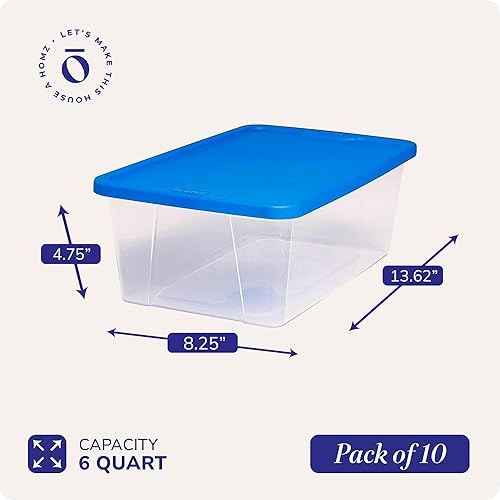 Vista 4 de Homz - Contenedores de plástico para almacenamiento, con tapas blancas, 6 cuartos de galón, transparentes, apilables Tapa azul,Tapa gris,Tapa blanca