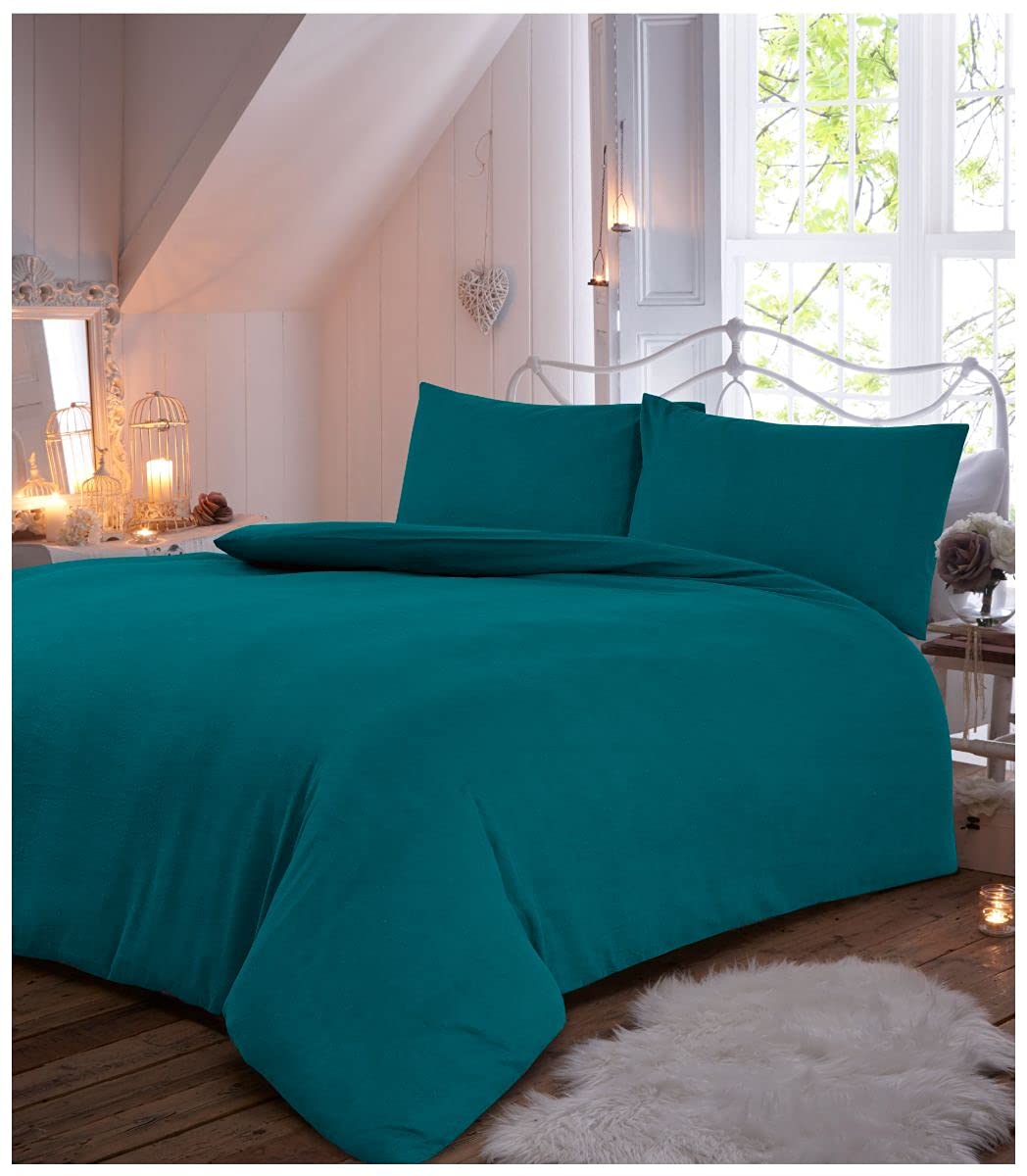 GC GAVENO CAVAILIA Luxury Quality Plain Dyed Thermal Flannelette Duvet Cover and Pillowcases, Cotton, Teal, Double