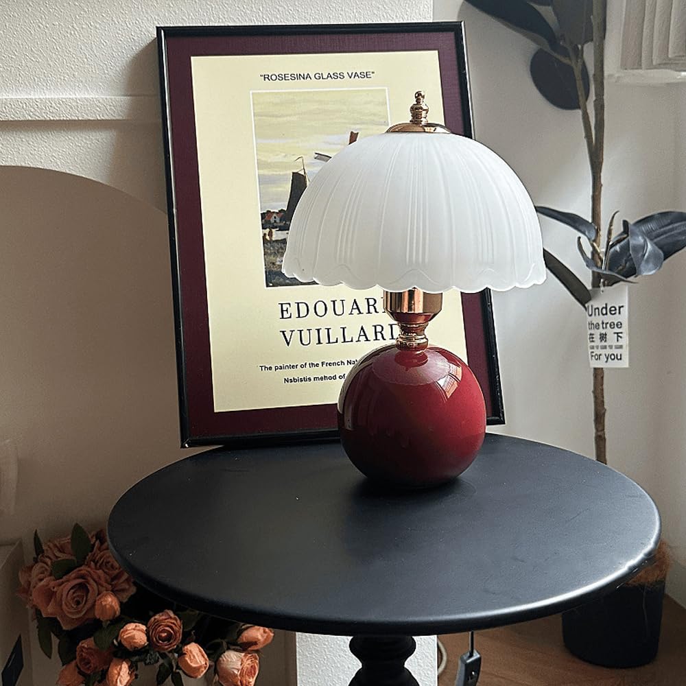 Mengjay Lampe de Table Vintage en Céramique,E27 Lampe de Chevet avec Abat-Jour en Verre,Lampe de Bureau Intérieur avec Prise et Interrupteur pour Chambre Salon Bureau Bar (Rouge)