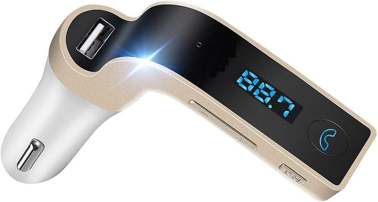 Sarte Bluetooth FM Transmitter Universal Wireless in-Car FM Adapter Car Kit with Hand Free Call/Stereo Music Player and USB Car Charger for All Android & iOS Devices (Golden)
