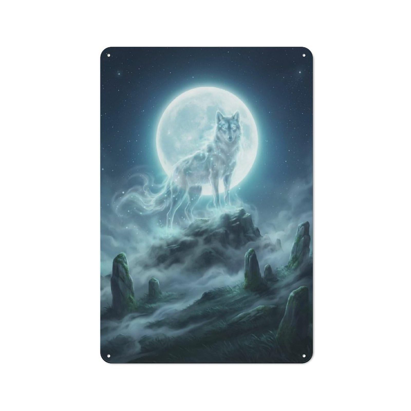 Junmoney Style-14 Spirit Wolf Under The Moon Rustic Metal Sign 30X20cm For Pub Or Café, For Collectors Of Rustic Metal Wall Decor